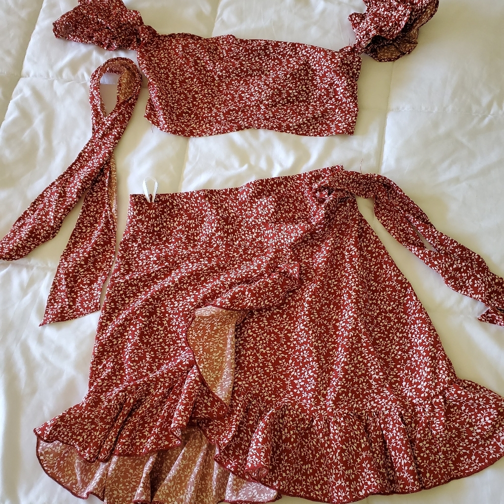 Knot Front Shirred Top & Ruffle Wrap Skirt